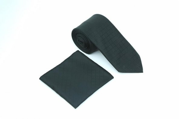 Brianze Siyah Kare Desen Kravat Mendil Set - 3