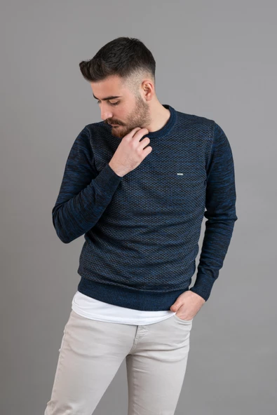 DORSS SLİMFİT DESENLİ SIFIR YAKA ERKEK TRİKO KAZAK - 10