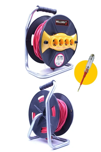 Millian 3 X 2,5 30 m Sertifikalı Makaralı Seyyar Uzatma Kablosu 4 Prizli ( Dörtlü )