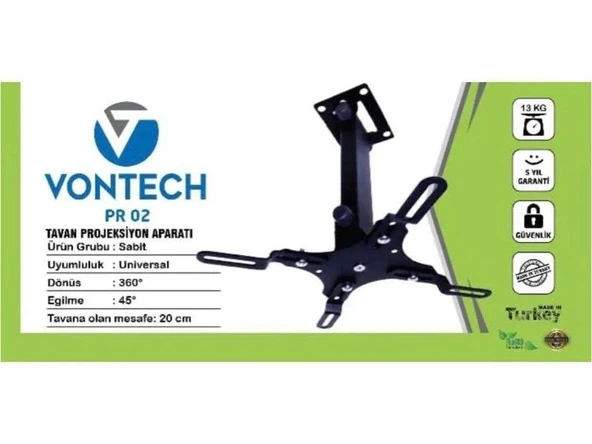 Vontech Projeksiyon Hareketli Tavan Asma Askı Aparatı - 20cm Kol Uzunluğu - Resim 3