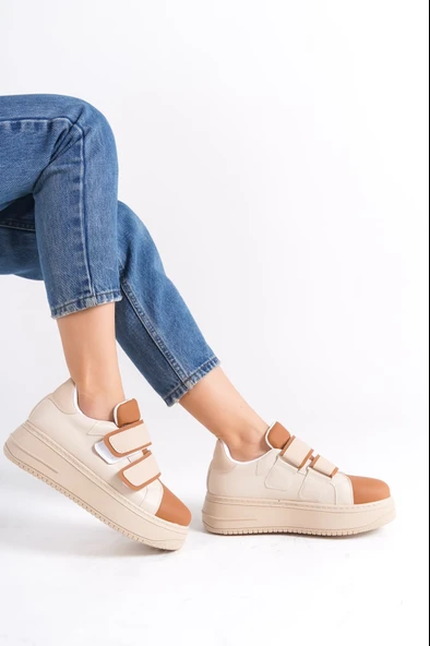 VALENCIA Bağcıksız Cırt Cırtlı Ortopedik Taban Kadın Sneaker Spor Ayakkabı CTT - Ten/Kahve - 3