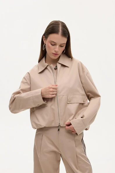 Quzu Tiktak Detaylı Kadın Bomber Ceket - Resim 11