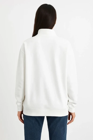 Kadın Üç İplik Dık Yaka Yarım Fermuarlı SweatShirt - Beyaz - Resim 2