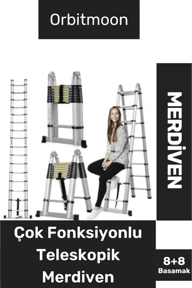 Kaymaz Ayak Dayanıklı Alüminyum Çift Taraflı Açık Hali 3.8 Metre Çok Fonksiyonlu Teleskopik Merdiven