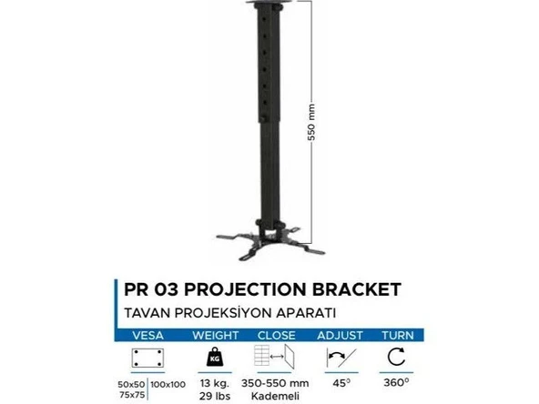 Vontech Projeksiyon Hareketli Tavan Asma Askı Aparatı - 55cm Kol Uzunluğu - Resim 2