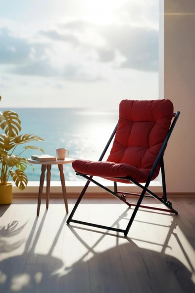 Napper Katlanabilir Kırmızı Şezlong - Su Geçirmez Kumaş, Metal İskelet, Balkon ve Bahçe Sandalyesi - Resim 3