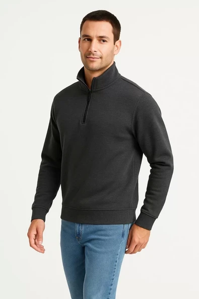 Erkek Dik Yaka Sweatshirt Dik Yaka Yarım Fermuarlı 3 İplik Şardonlu Pamuk Kumaş - Antrasit ürün görseli 1