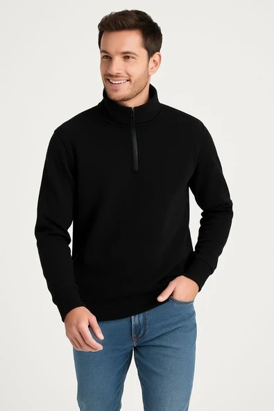 Erkek Dik Yaka Sweatshirt Dik Yaka Yarım Fermuarlı 3 İplik Şardonlu Pamuk Kumaş - Siyah - Resim 3