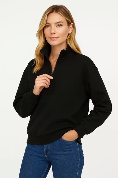 Kadın Üç İplik Dık Yaka Yarım Fermuarlı SweatShirt - Siyah - Resim 8