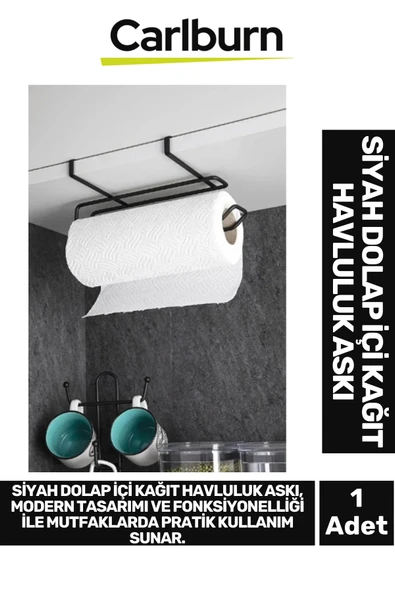 Özel Üretim 28x13 cm Metal İz Bırakmayan Kolay Montaj Dayanıklı Siyah Dolap İçi Kağıt Havluluk Askı