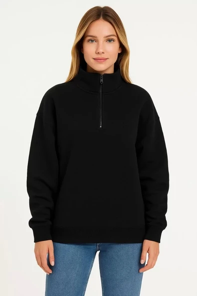 Kadın Üç İplik Dık Yaka Yarım Fermuarlı SweatShirt - Siyah - Resim 4