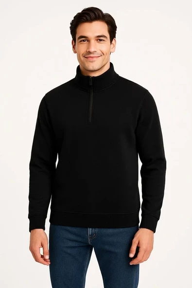 Erkek Dik Yaka Sweatshirt Dik Yaka Yarım Fermuarlı 3 İplik Şardonlu Pamuk Kumaş - Siyah - Resim 6