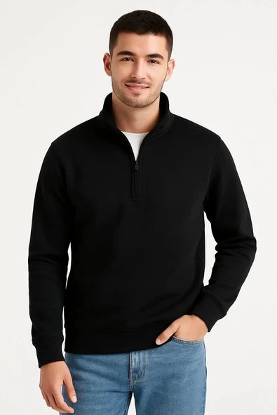 Erkek Dik Yaka Sweatshirt Dik Yaka Yarım Fermuarlı 3 İplik Şardonlu Pamuk Kumaş - Siyah - Resim 8