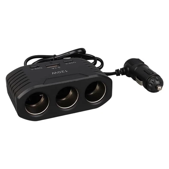 Olesson 2012 12-24V Çift TYPE-C - Tek USB Girişli 120W 80cm Kablolu 3'LÜ Araç Çakmak Çoklayıcı - 2