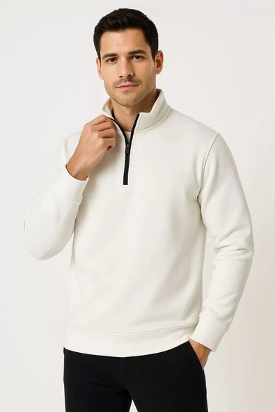 Erkek Dik Yaka Sweatshirt Dik Yaka Yarım Fermuarlı 3 İplik Şardonlu Pamuk Kumaş - Beyaz - Resim 7