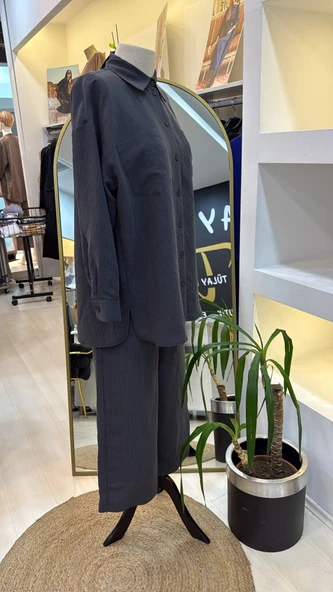 Nuss 1021 Kendinden Çizgili Pantolonlu Takım - Antrasit - Resim 4