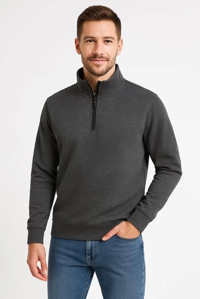 Erkek Dik Yaka Sweatshirt Dik Yaka Yarım Fermuarlı 3 İplik Şardonlu Pamuk Kumaş - Antrasit - Resim 3