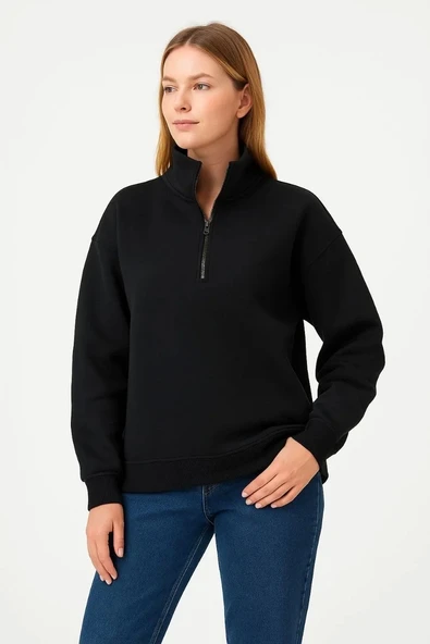 Kadın Üç İplik Dık Yaka Yarım Fermuarlı SweatShirt - Siyah - Resim 6