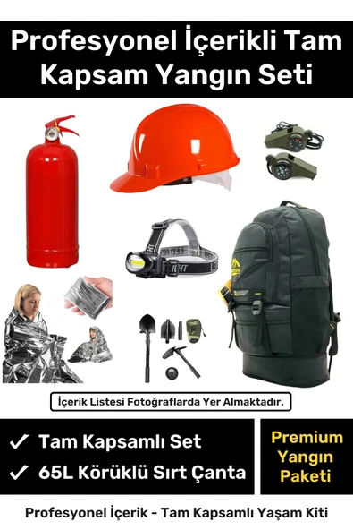 Premium Tam Kapsamlı Hazır Yangın Tüpü Battaniye Kazma Kürek Baret Dahil Acil Durum Sırt Çantası