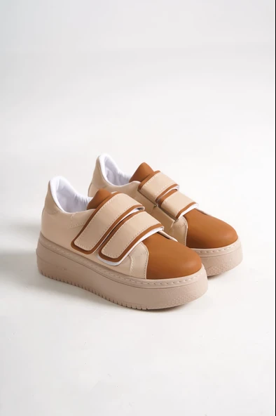 VALENCIA Bağcıksız Cırt Cırtlı Ortopedik Taban Kadın Sneaker Spor Ayakkabı CTT - Ten/Kahve - 4