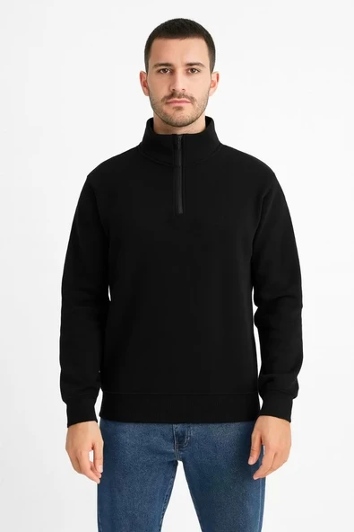 Erkek Dik Yaka Sweatshirt Dik Yaka Yarım Fermuarlı 3 İplik Şardonlu Pamuk Kumaş - Siyah - Resim 2