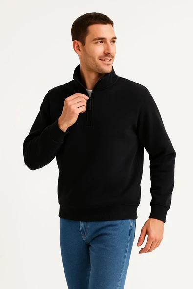 Erkek Dik Yaka Sweatshirt Dik Yaka Yarım Fermuarlı 3 İplik Şardonlu Pamuk Kumaş - Siyah - Resim 5