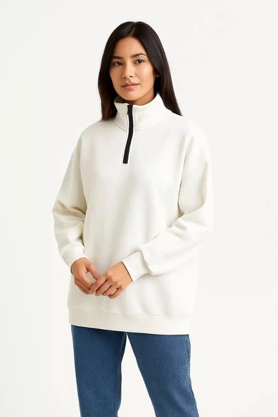 Kadın Üç İplik Dık Yaka Yarım Fermuarlı SweatShirt - Beyaz - Resim 7