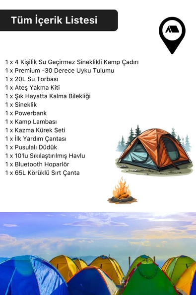 Profesyonel Tam Kapsamlı İçerik Hazır Başlangıç Seti Çadır 65L Körüklü Kamp Sırt Çantası Yaşam Kiti - 5