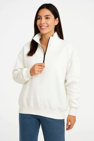 Kadın Üç İplik Dık Yaka Yarım Fermuarlı SweatShirt - Beyaz ürün görseli 1