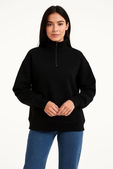 Kadın Üç İplik Dık Yaka Yarım Fermuarlı SweatShirt - Siyah - Resim 5