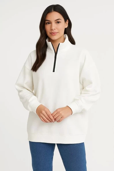 Kadın Üç İplik Dık Yaka Yarım Fermuarlı SweatShirt - Beyaz - Resim 6
