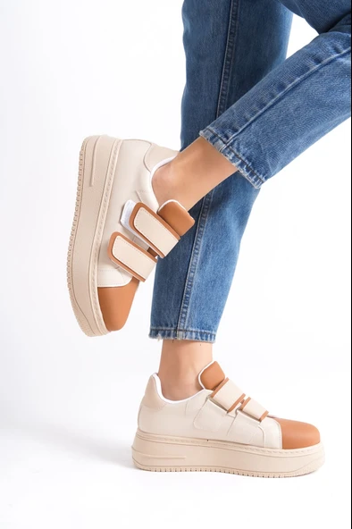 VALENCIA Bağcıksız Cırt Cırtlı Ortopedik Taban Kadın Sneaker Spor Ayakkabı CTT - Ten/Kahve - 2