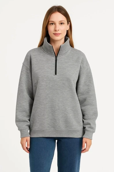 Kadın Üç İplik Dık Yaka Yarım Fermuarlı SweatShirt - Gri - Resim 2