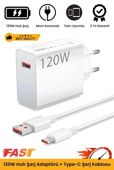 Premium 120W Ultra Hızlı Şarj Seti Adaptör + Type C Kablosu Tüm Telefonlara Uyumlu Şarj Cihazı