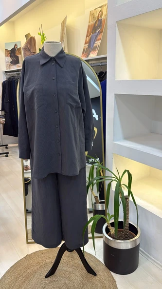 Nuss 1021 Kendinden Çizgili Pantolonlu Takım - Antrasit - Resim 2