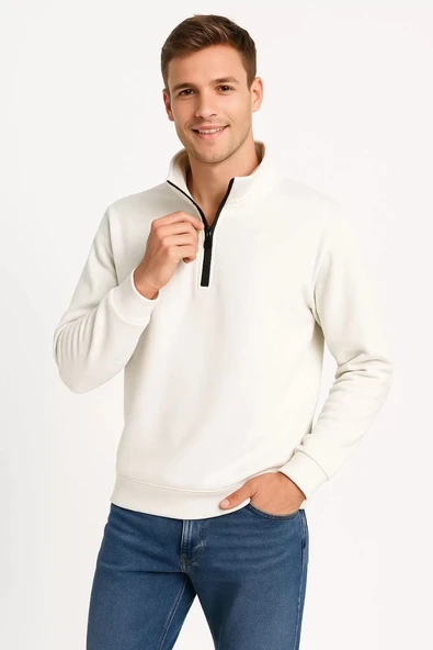 Erkek Dik Yaka Sweatshirt Dik Yaka Yarım Fermuarlı 3 İplik Şardonlu Pamuk Kumaş - Beyaz - Resim 5