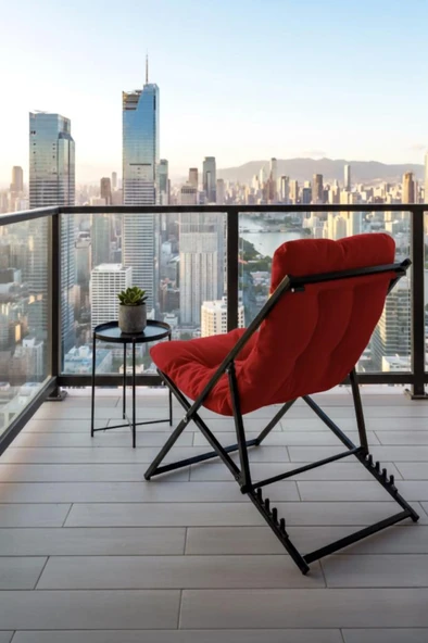 Napper Katlanabilir Kırmızı Şezlong - Su Geçirmez Kumaş, Metal İskelet, Balkon ve Bahçe Sandalyesi - Resim 2