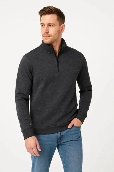 Erkek Dik Yaka Sweatshirt Dik Yaka Yarım Fermuarlı 3 İplik Şardonlu Pamuk Kumaş - Antrasit - Resim 2