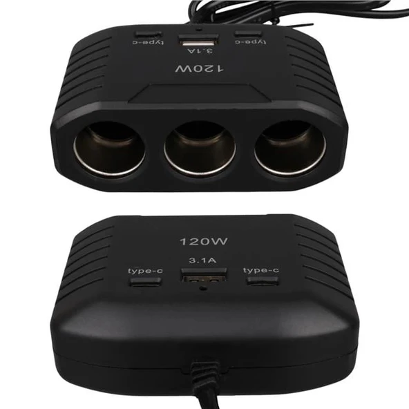 Olesson 2012 12-24V Çift TYPE-C - Tek USB Girişli 120W 80cm Kablolu 3'LÜ Araç Çakmak Çoklayıcı - 4