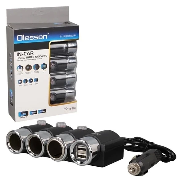 Olesson 1508 12-24V Çift USB Girişli 120W 80cm Kablolu 3'lü Araç Çakmak Çoklayıcı ürün görseli