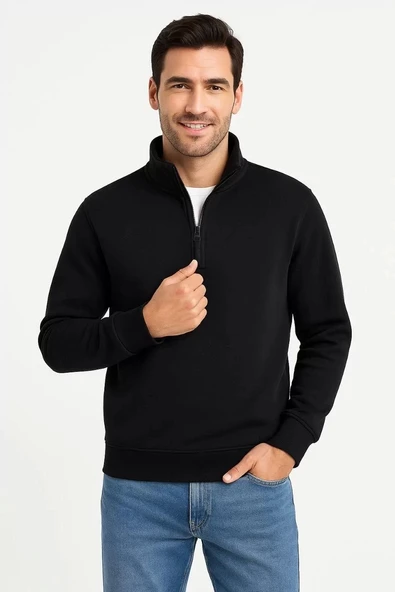 Erkek Dik Yaka Sweatshirt Dik Yaka Yarım Fermuarlı 3 İplik Şardonlu Pamuk Kumaş - Siyah - Resim 7