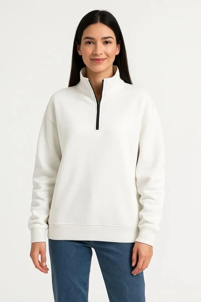 Kadın Üç İplik Dık Yaka Yarım Fermuarlı SweatShirt - Beyaz - Resim 8