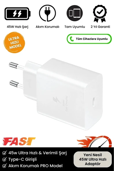 Premium 45W Ultra Hızlı Şarj Seti Adaptör + Type C Kablosu Tüm Telefonlara Uyumlu Şarj Cihazı