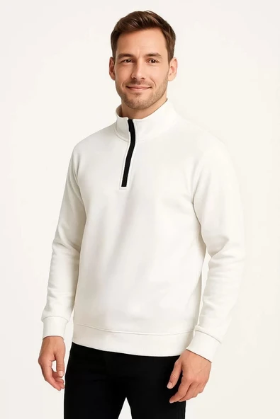 Erkek Dik Yaka Sweatshirt Dik Yaka Yarım Fermuarlı 3 İplik Şardonlu Pamuk Kumaş - Beyaz - Resim 6