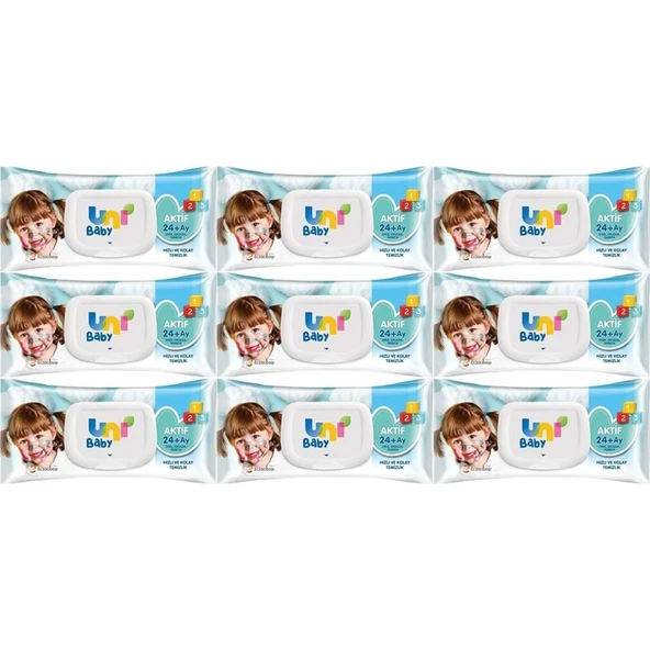 Uni Baby Islak Havlu Mendil 72 Yaprak Aktif (9 Lu Set) 648 Yaprak Plastik Kapaklı - 1