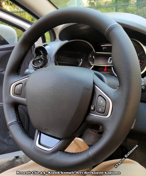 Clio 4 Faz 2 Araca Özel Direksiyon Kılıfı  DÜZ DERİ SİYAH İPLİ ürün görseli