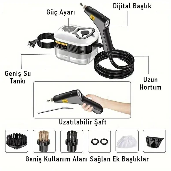 Valkyrie El Tipi Buharlı Temizleyici 2500W Basınçlı Yüksek Isı, Çoklu Başlık Aparatlı Derinlemesine Hijyenik Temizlik - Resim 4