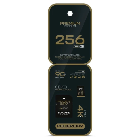 Powerway Premium 256 GB 90MB/S Ultra Hızlı 4K Destekli SDXC Hafıza Kartı