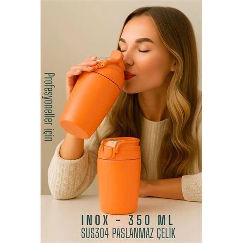 Modacar Inox Çelik Kahve Bardağı - 350 ml  SUS304 Çelik Termos Profesyonel TURUNCU