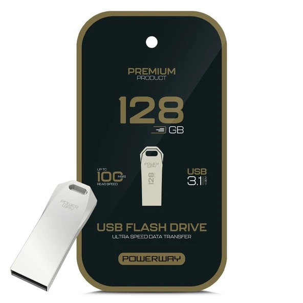 Powerway Premium 128 GB 100MB/S Ultra Hızlı USB 3.1 Metal Silver Flash Bellek